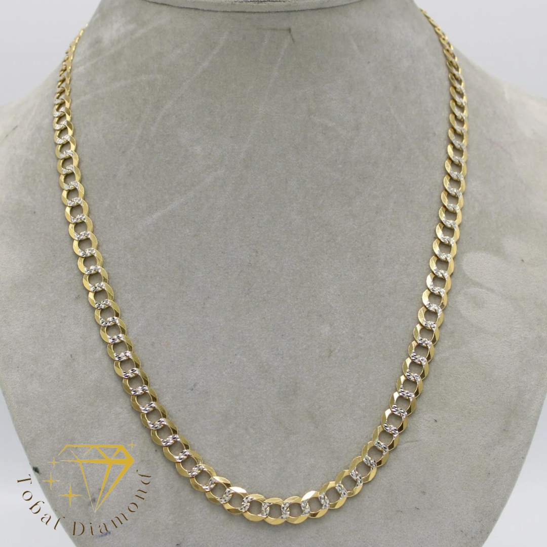 Cadena Plana Cubana Sólida de 14K Oro Amarillo Dos Tonos 8..4 mm\ Largo 24 Pulgadas