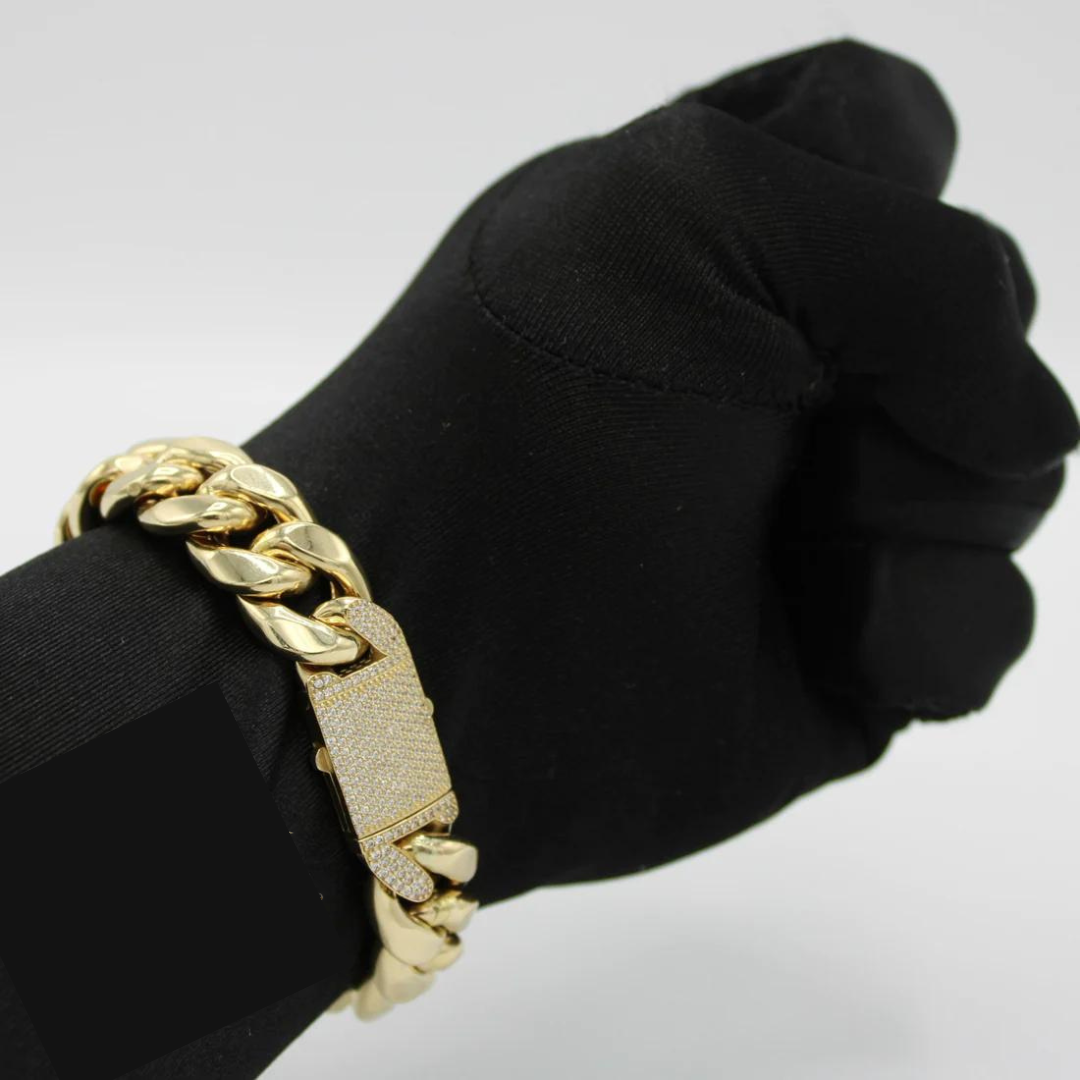 Brazalete cubano semisólido de 14K Largo 8.5, Ancho. 16mm