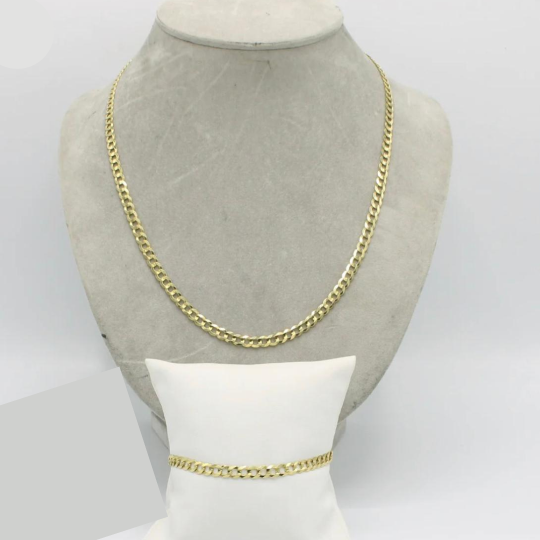 Cadena Cubana Plana de 14K con Pulsera Plana Cubana de Oro Amarillo