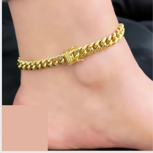 Brazalete para el tobillo cubano de 14k en oro amarillo longitud 10, Ancho 7mm