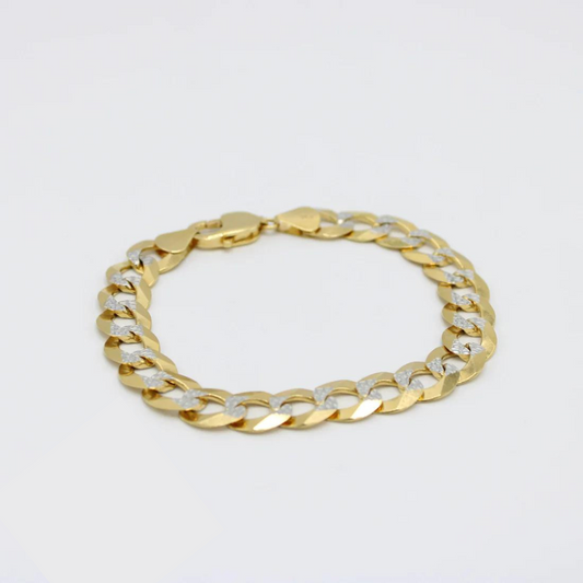 Brazalete Cubano Plano Sólido 14K Dos Tonos Largo 8.5, Ancho 11 mm