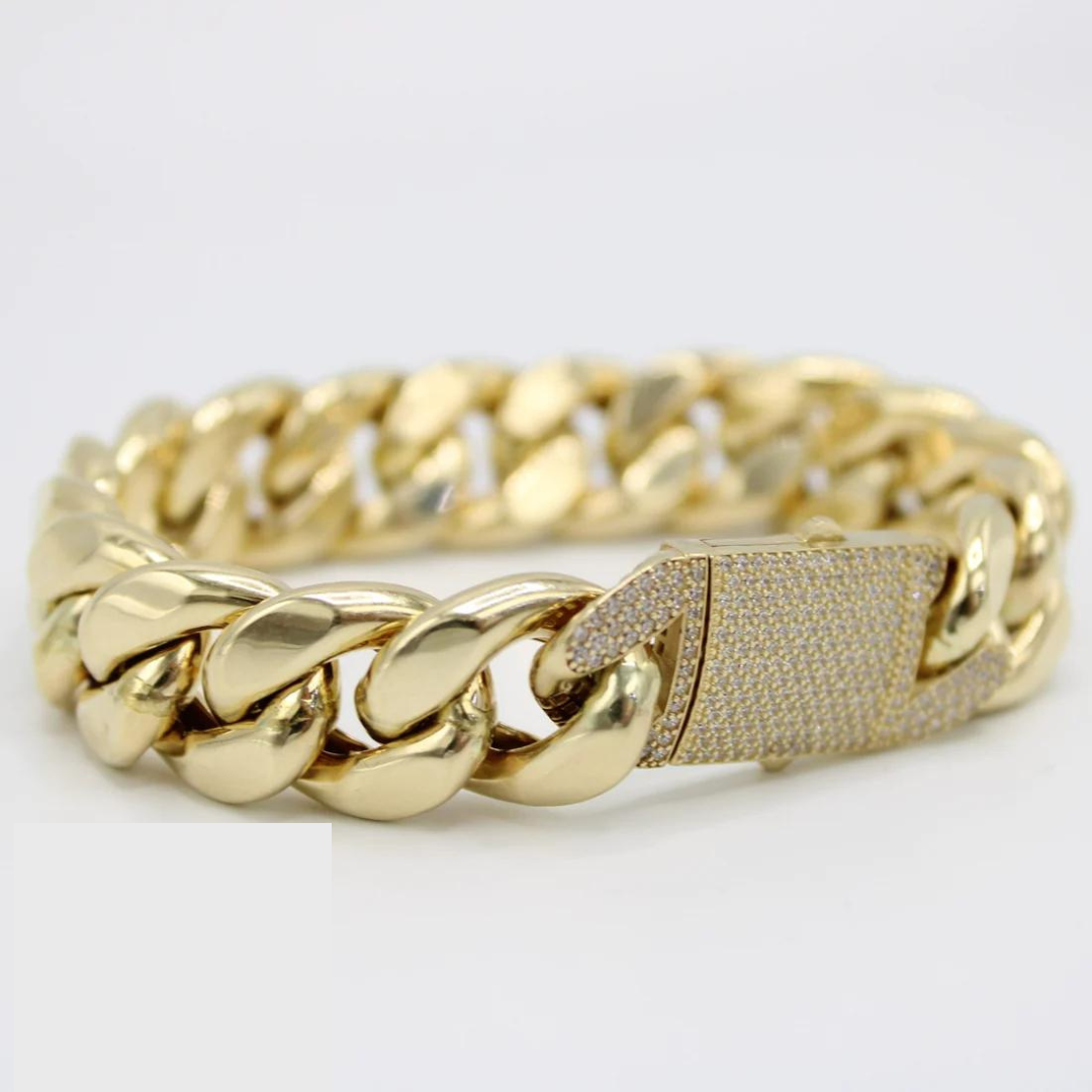 Brazalete cubano semisólido de 14K Largo 8.5, Ancho. 16mm