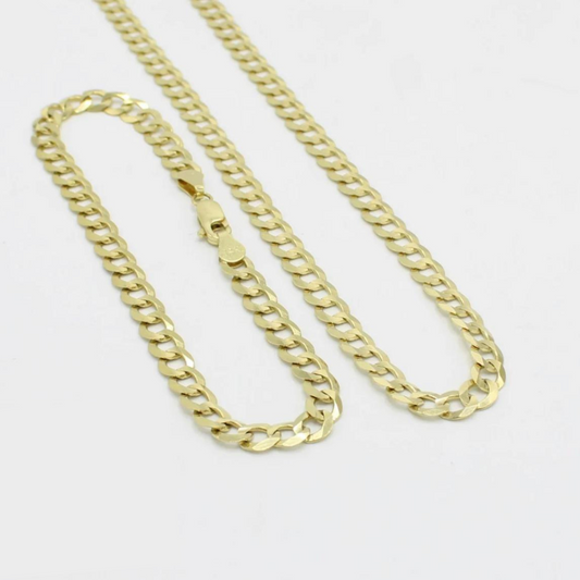 Cadena Cubana Plana de 14K con Pulsera Plana Cubana de Oro Amarillo